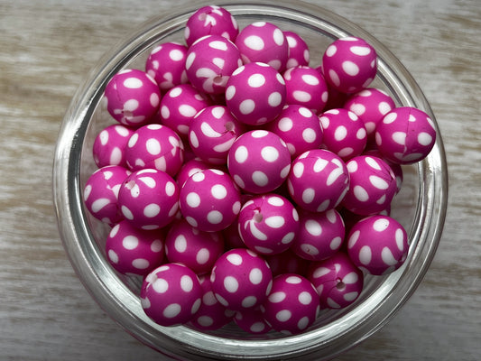 15mm Pink Polka Dot Silicone Beads