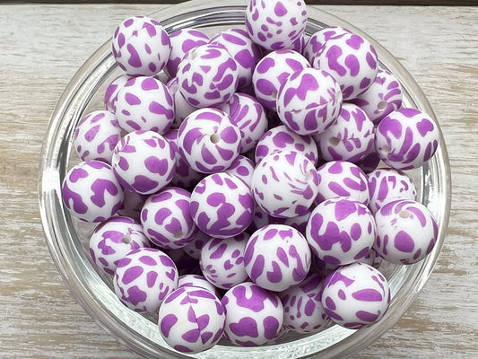 15mm Purple & White  Leopard Print Silicone Bead