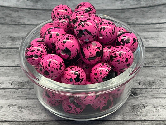 20MM Hot Pink and Black Splatter Chunky Bubblegum Bead, Acrylic Bubblegum Bead, 10 Beads per order