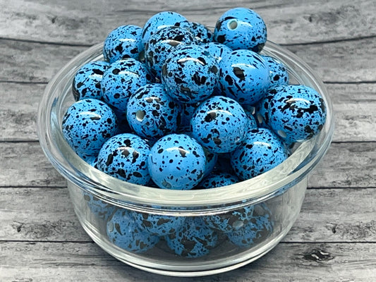 20MM Aqua Blue and Black Splatter Chunky Bubblegum Bead, Acrylic Bubblegum Bead, 10 Beads per order