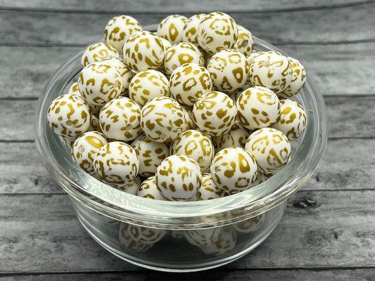 15MM Gold Leopard Print Silicone Bead, Silicone Bead, Animal Print Silicone Bead, 10 Beads per order