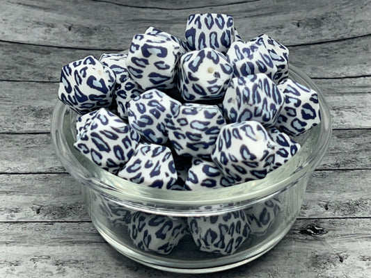 17MM Hexagon Blue and White Leopard Print Silicone Bead, Leopard Silicone Bead, Animal Print Silicone Bead, Hexagon Bead, 10 Bead Count